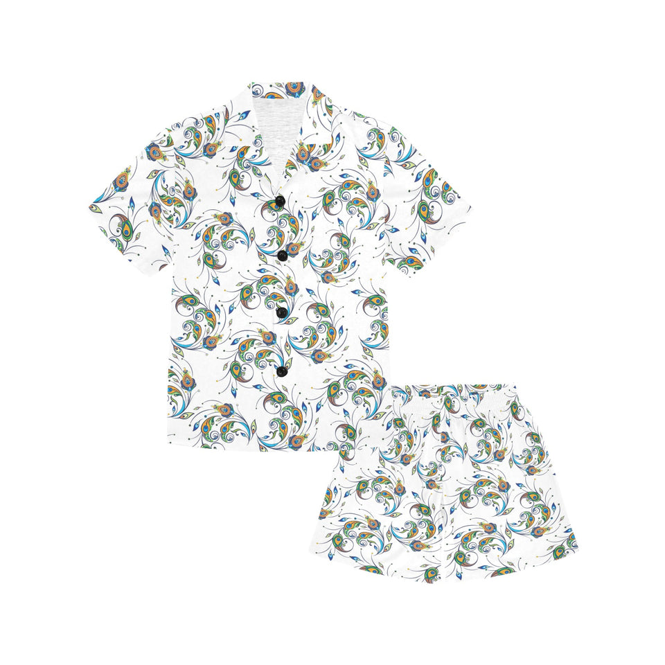 Peacock feather pattern Kids' Boys' Girls' V-Neck Short Pajama Set