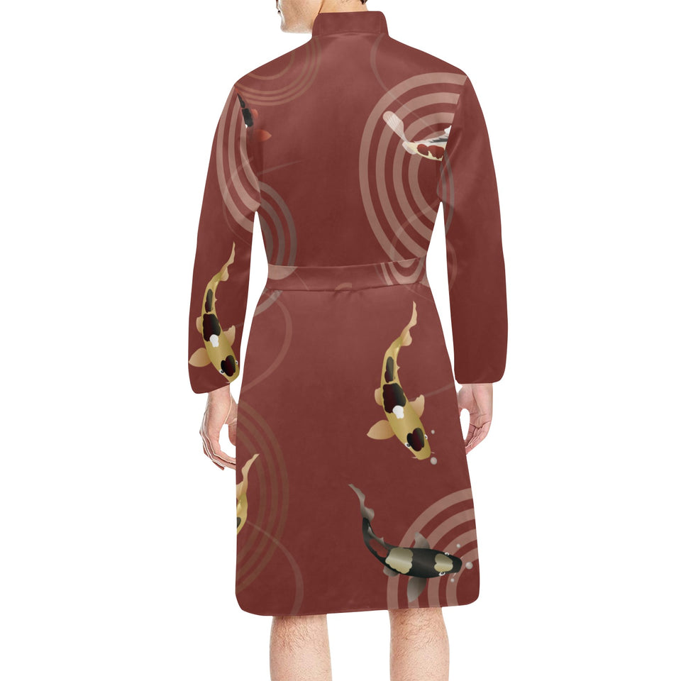 Koi Fish Carp Fish red background Men's Long Sleeve Belted Night Robe