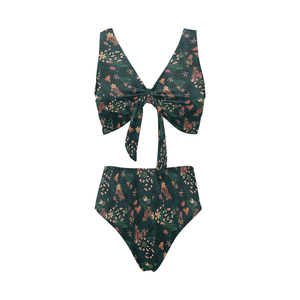 Snake forest pattern Chest Bowknot High Waisted Bikini Swimsuit