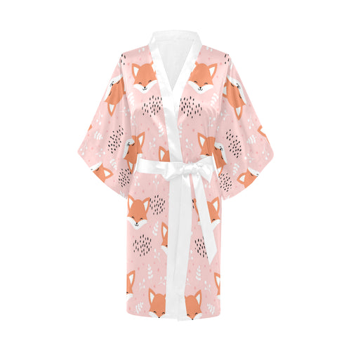 Cute fox pattern pink background Women's Short Kimono Robe
