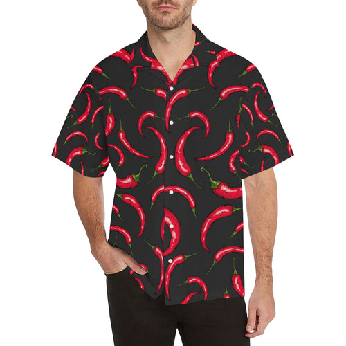 Chili peppers pattern black background Men's All Over Print Hawaiian Shirt