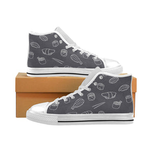 sushi pattern black background Men's High Top Canvas Shoes White