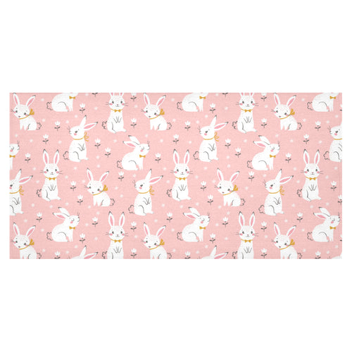 Cute white rabbit flower pink background Tablecloth