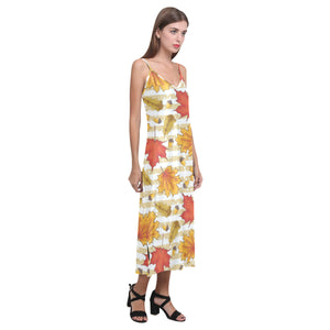 Maple leaf oak leaf acorns beige striped backgroun V-Neck Open Fork Long Dress