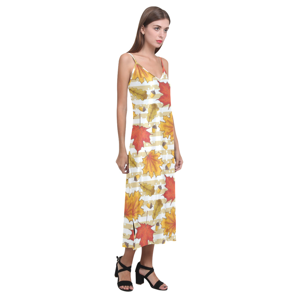 Maple leaf oak leaf acorns beige striped backgroun V-Neck Open Fork Long Dress