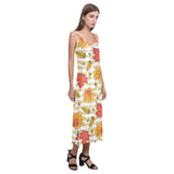 Maple leaf oak leaf acorns beige striped backgroun V-Neck Open Fork Long Dress