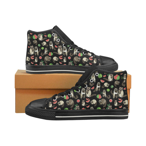 Raccoon watermelon pattern Women's High Top Canvas Shoes Black