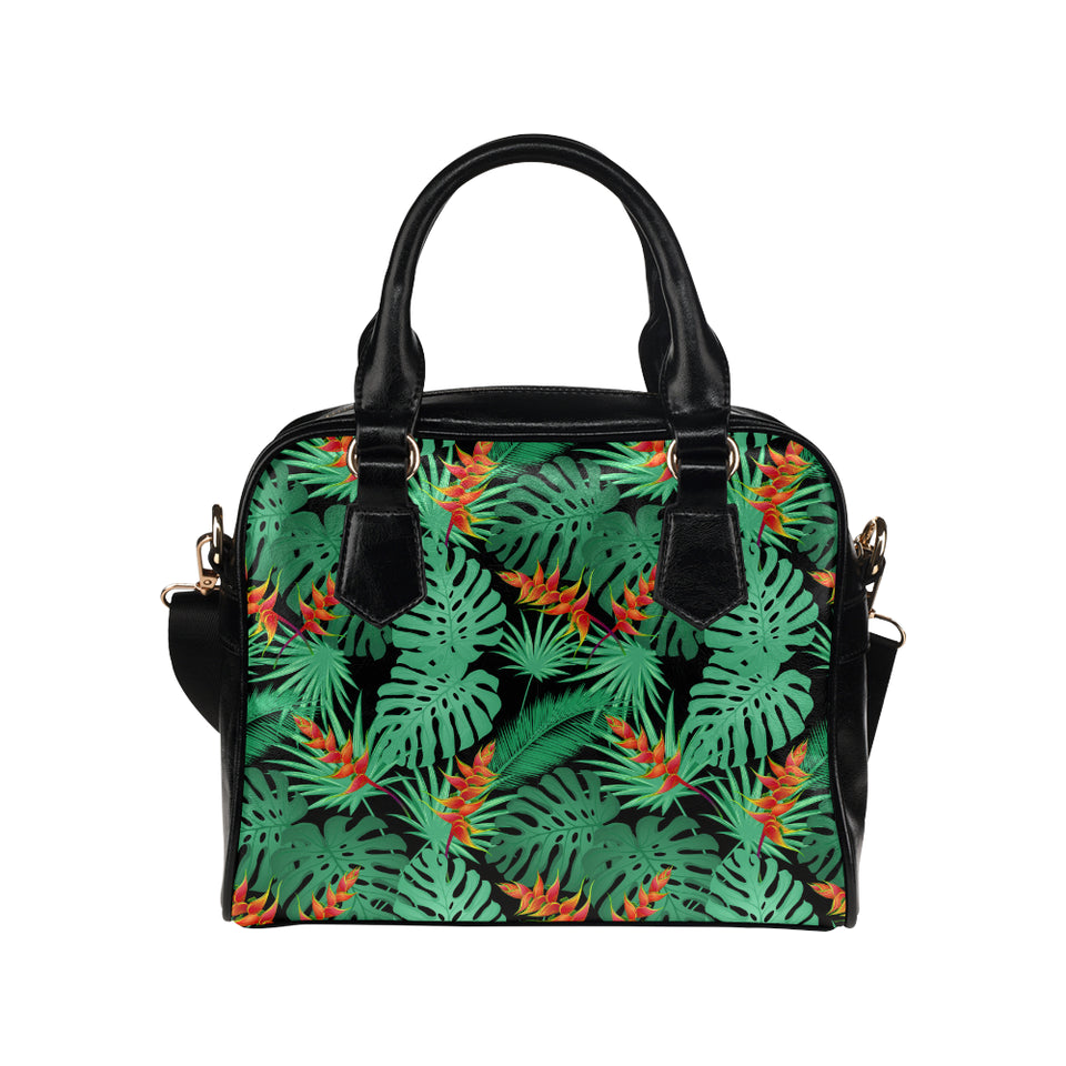 heliconia flower palm monstera leaves black backgr Shoulder Handbag