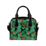 heliconia flower palm monstera leaves black backgr Shoulder Handbag