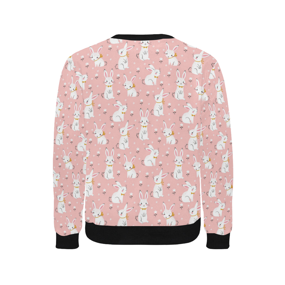 Cute white rabbit flower pink background Men's Crew Neck Sweatshirt