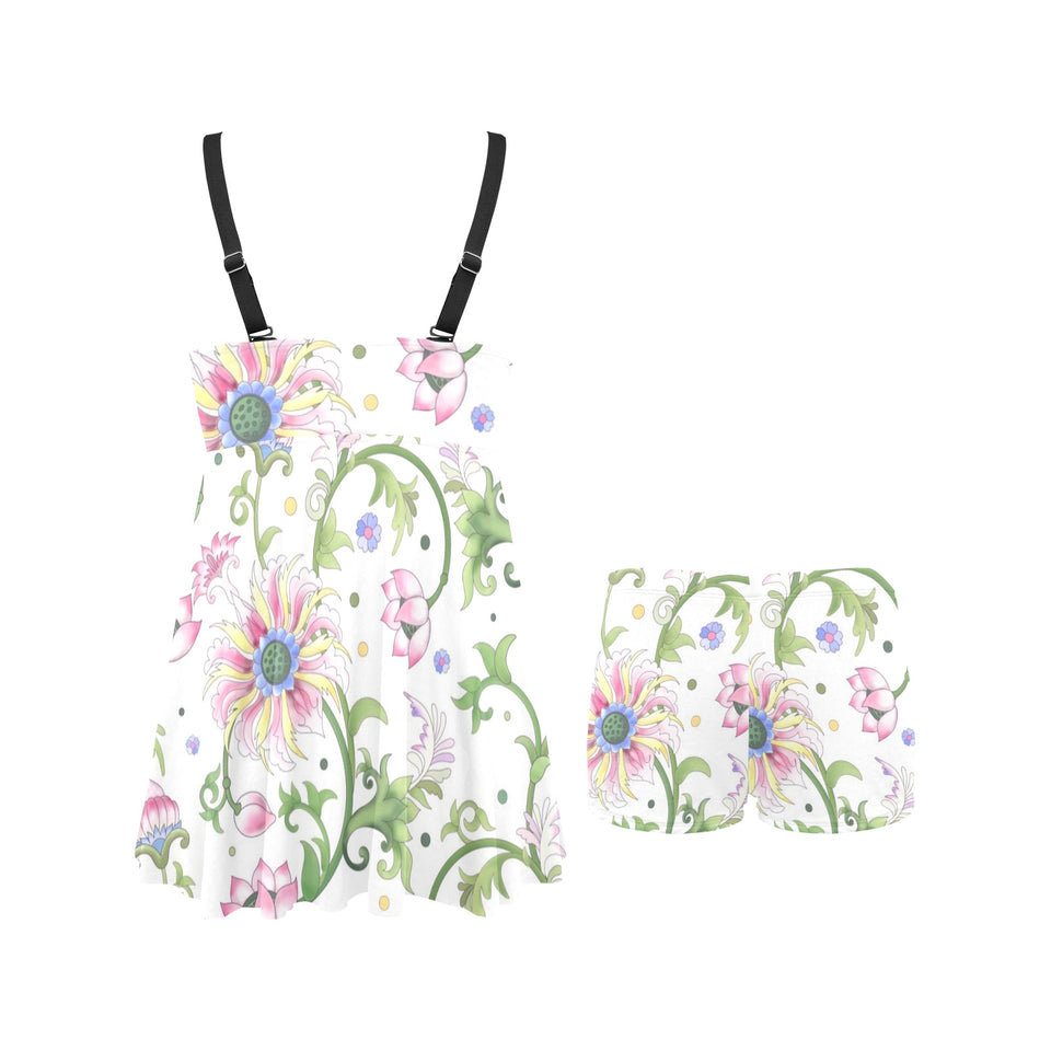 Beautiful pink lotus waterlily leaves pattern Chest Sexy Pleated Two Piece Swim Dress