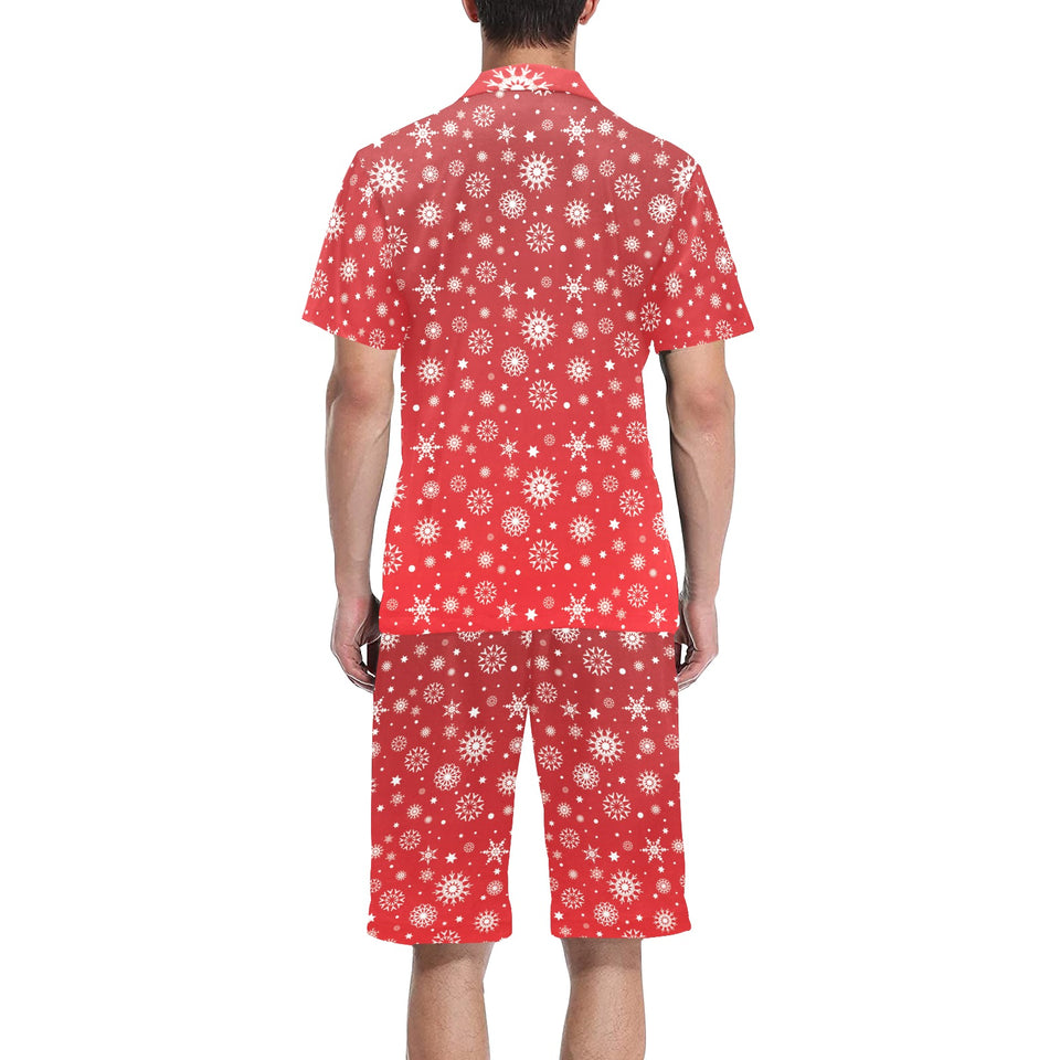 Snowflake pattern red background Men's V-Neck Short Pajama Set