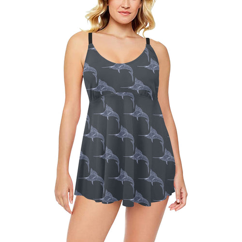 Swordfish Pattern Print Design 03 Chest Sexy Pleated Two Piece Swim Dress