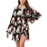 Christmas Pugs Santa_s red cap pattern Women's Long Sleeve Belted Night Robe