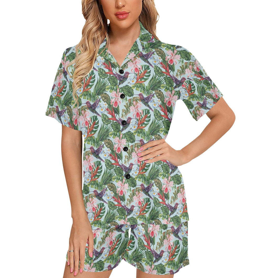 Hummingbird Pattern Print Design 05 Women's V-Neck Short Pajama Set