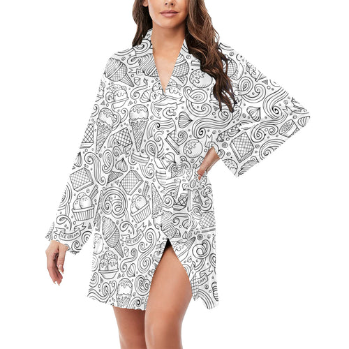 Cartoon hand drawn ice cream black white Women's Long Sleeve Belted Night Robe