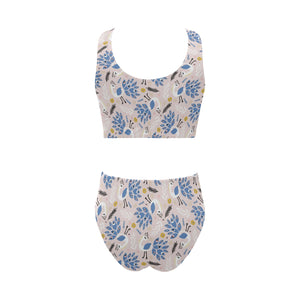 Cute peacock pattern Chest Bowknot High Waisted Bikini Swimsuit