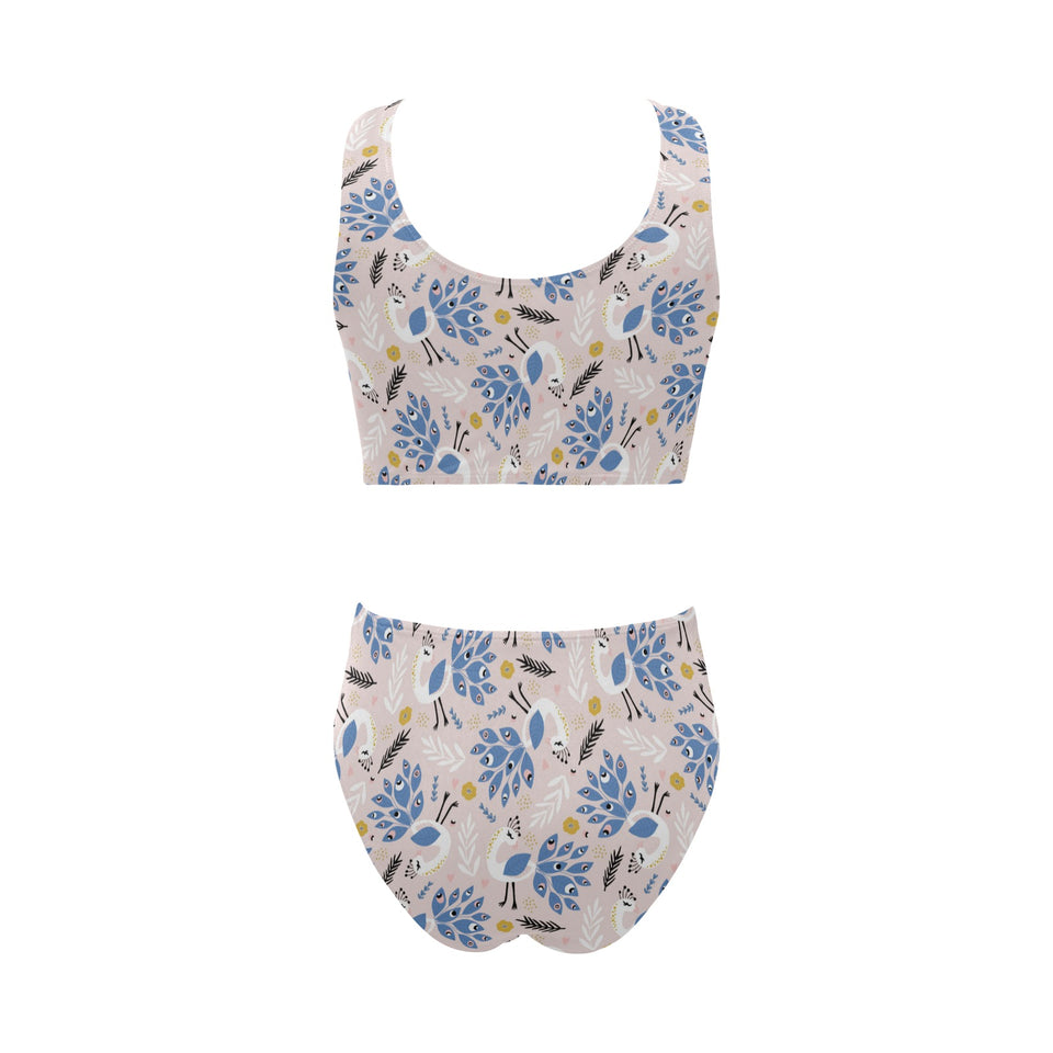 Cute peacock pattern Chest Bowknot High Waisted Bikini Swimsuit
