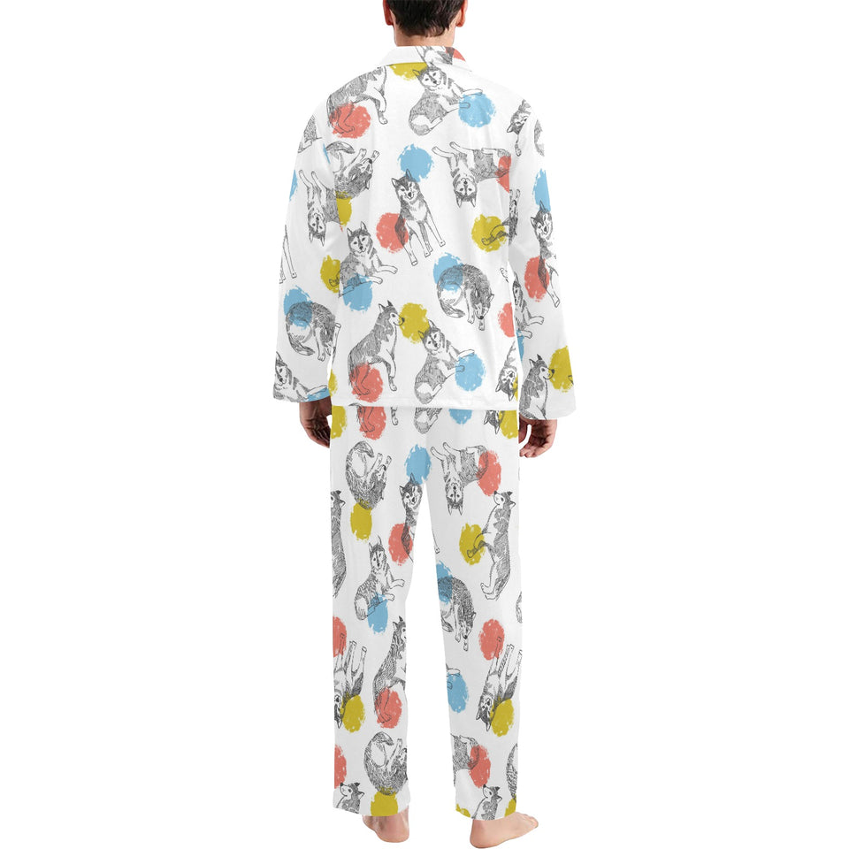 Siberian husky and colorful circle pattern Men's Long Pajama Set