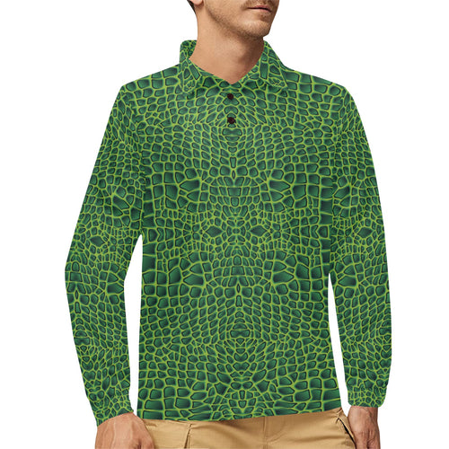 Crocodile Skin Printed Men's Long Sleeve Polo Shirt