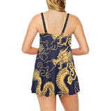 Gold dragon pattern Chest Sexy Pleated Two Piece Swim Dress