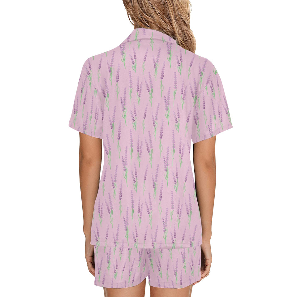 Lavender pattern pink background Women's V-Neck Short Pajama Set