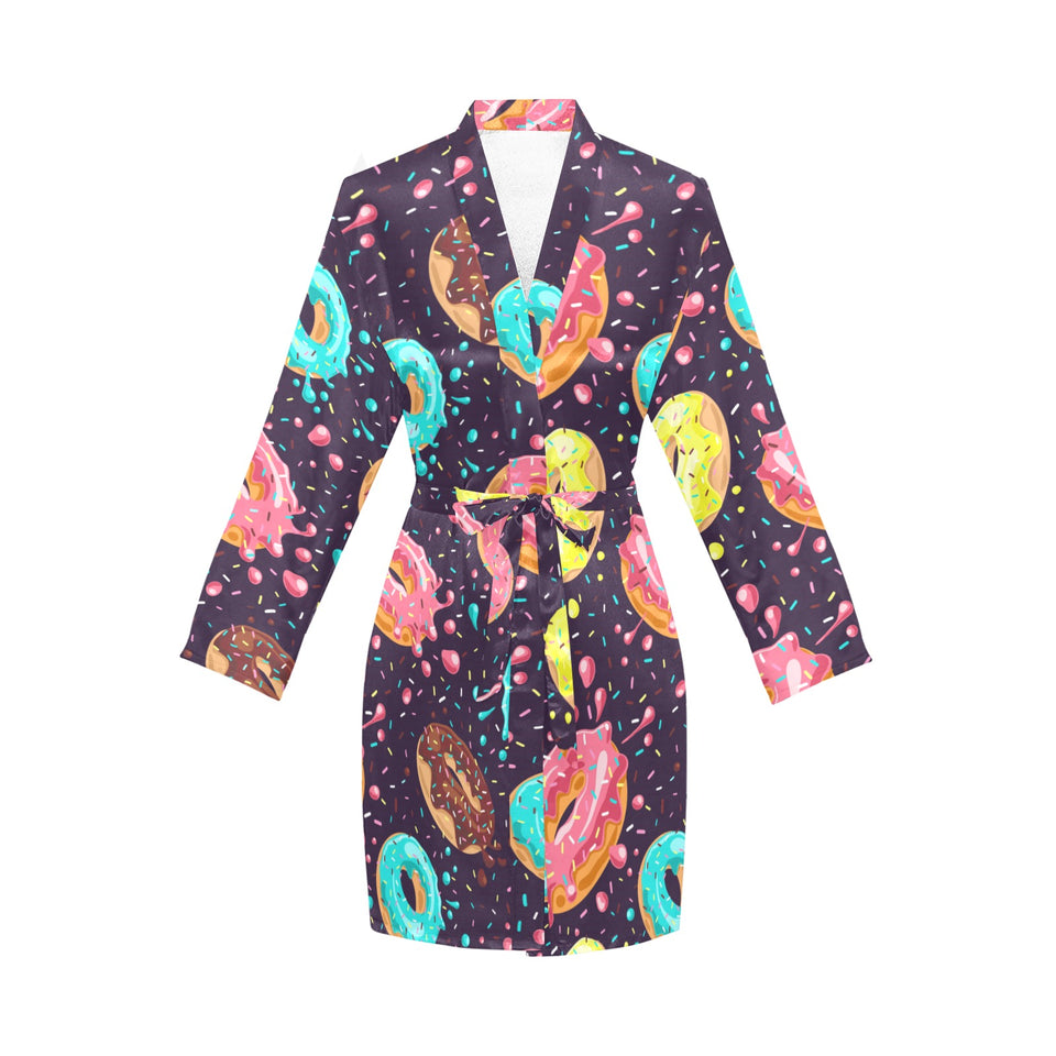 Colorful donut glaze pattern Women's Long Sleeve Belted Night Robe
