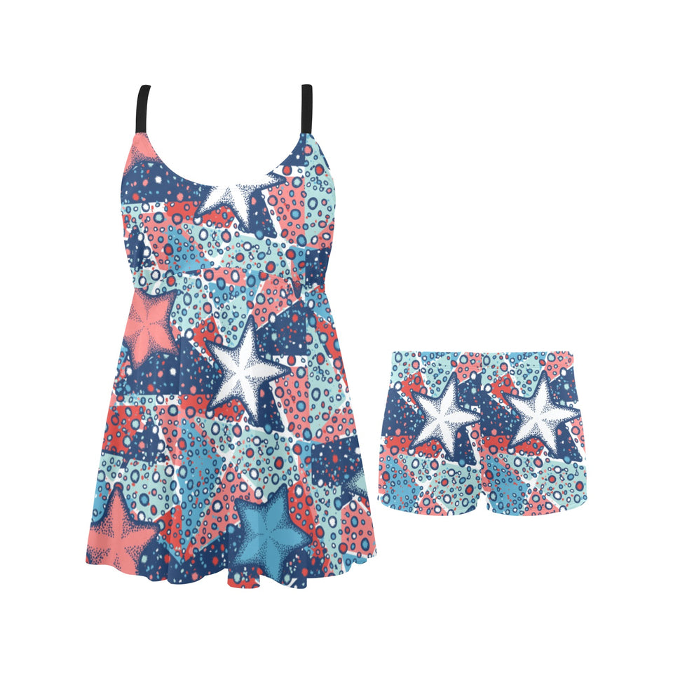 Hand drawn colorful starfish Chest Sexy Pleated Two Piece Swim Dress