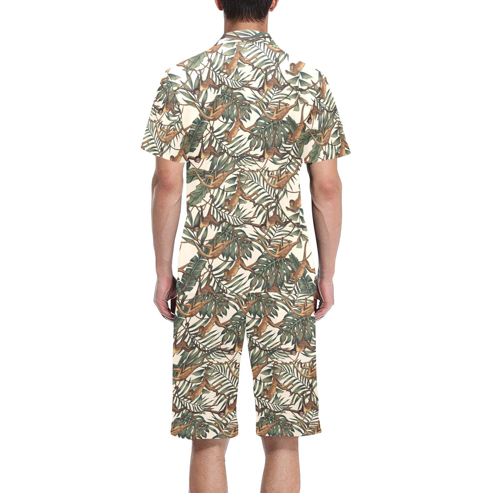 Monkey tropical leaves background Men's V-Neck Short Pajama Set