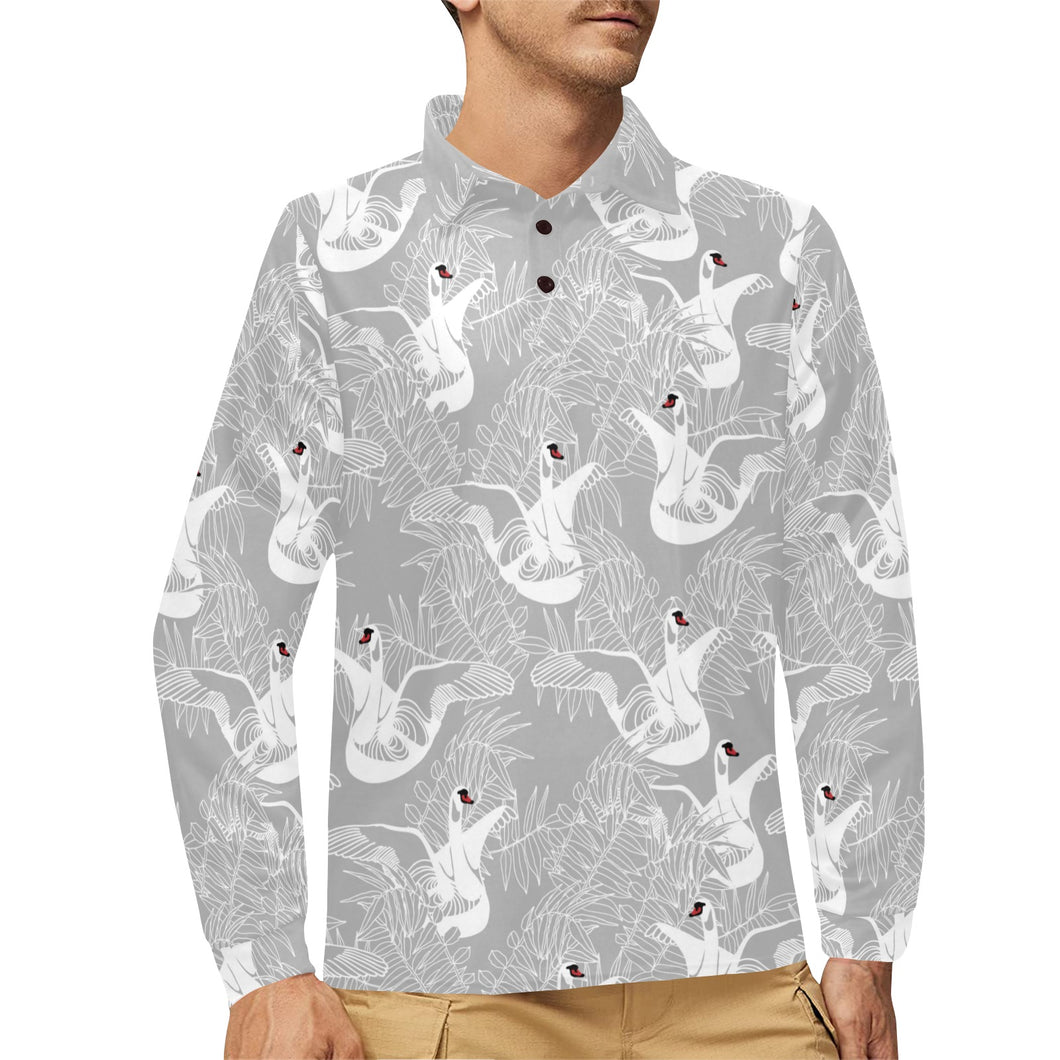 white swan gray background Men's Long Sleeve Polo Shirt