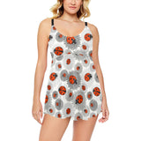 Ladybug Pattern Print Design 05 Chest Sexy Pleated Two Piece Swim Dress