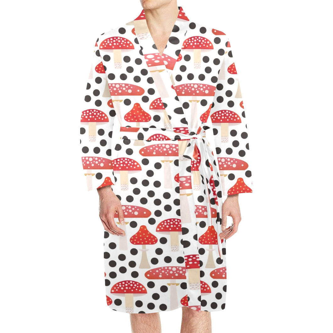 Red mushroom dot pattern Men's Long Sleeve Belted Night Robe