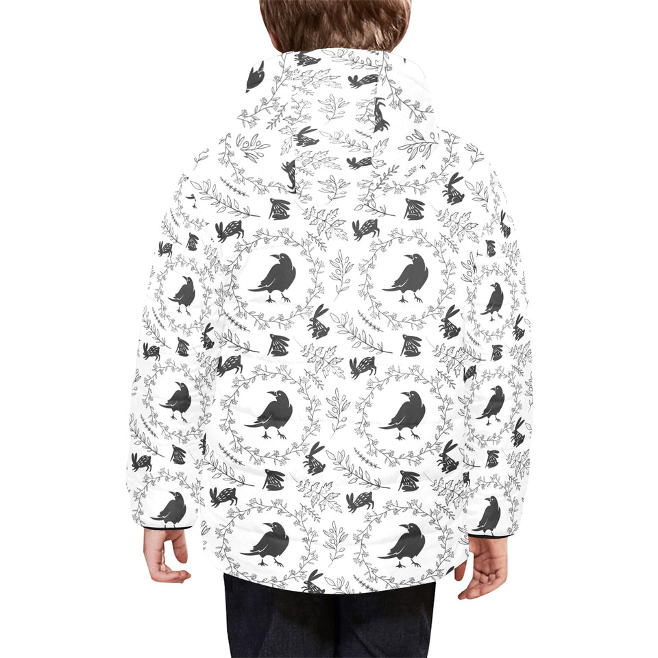Crows floral wreath rabbit pattern Kids' Boys' Girls' Padded Hooded Jacket
