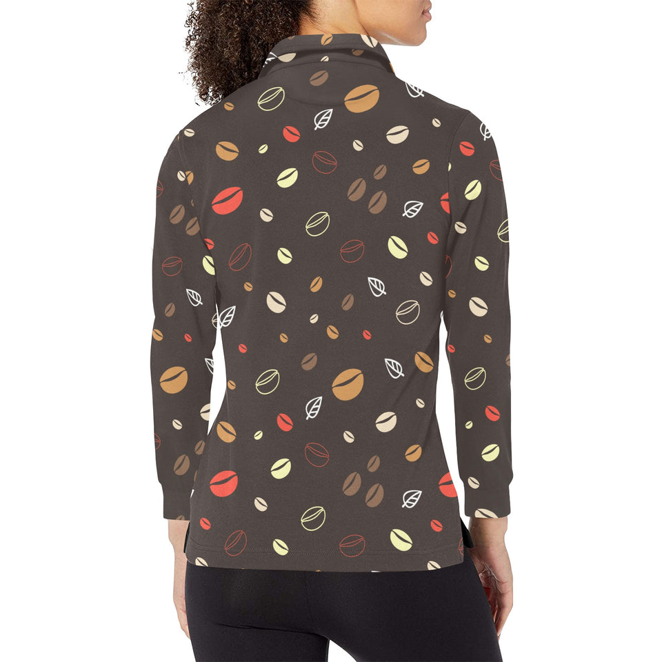 Coffee bean leave pattern Women's Long Sleeve Polo Shirt