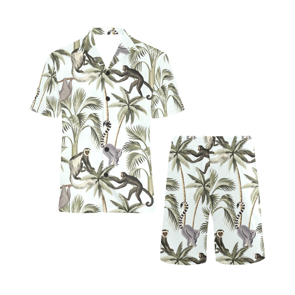 Monkey sloth lemur palm trees pattern Men's V-Neck Short Pajama Set
