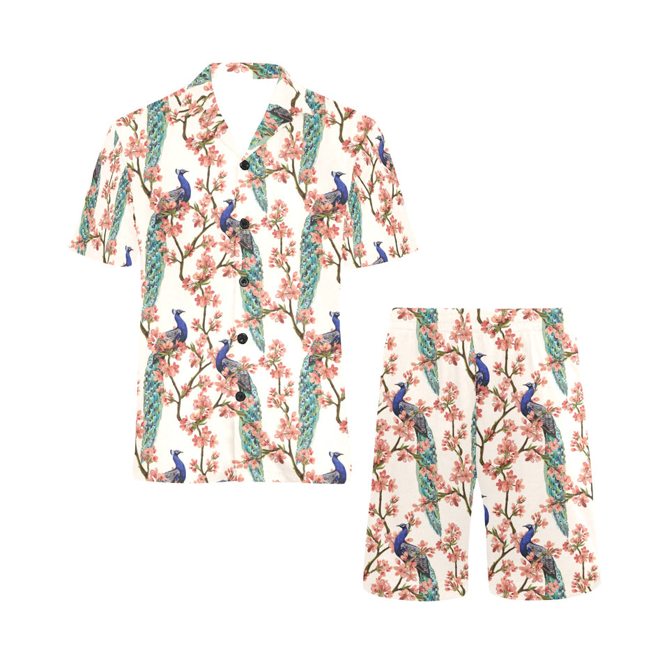 Peacock tropical flower pattern Men's V-Neck Short Pajama Set
