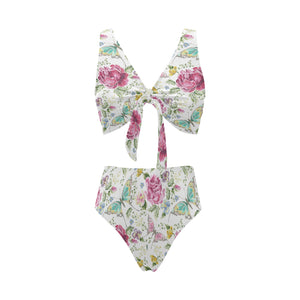 Hand drawn butterfly rose Chest Bowknot High Waisted Bikini Swimsuit