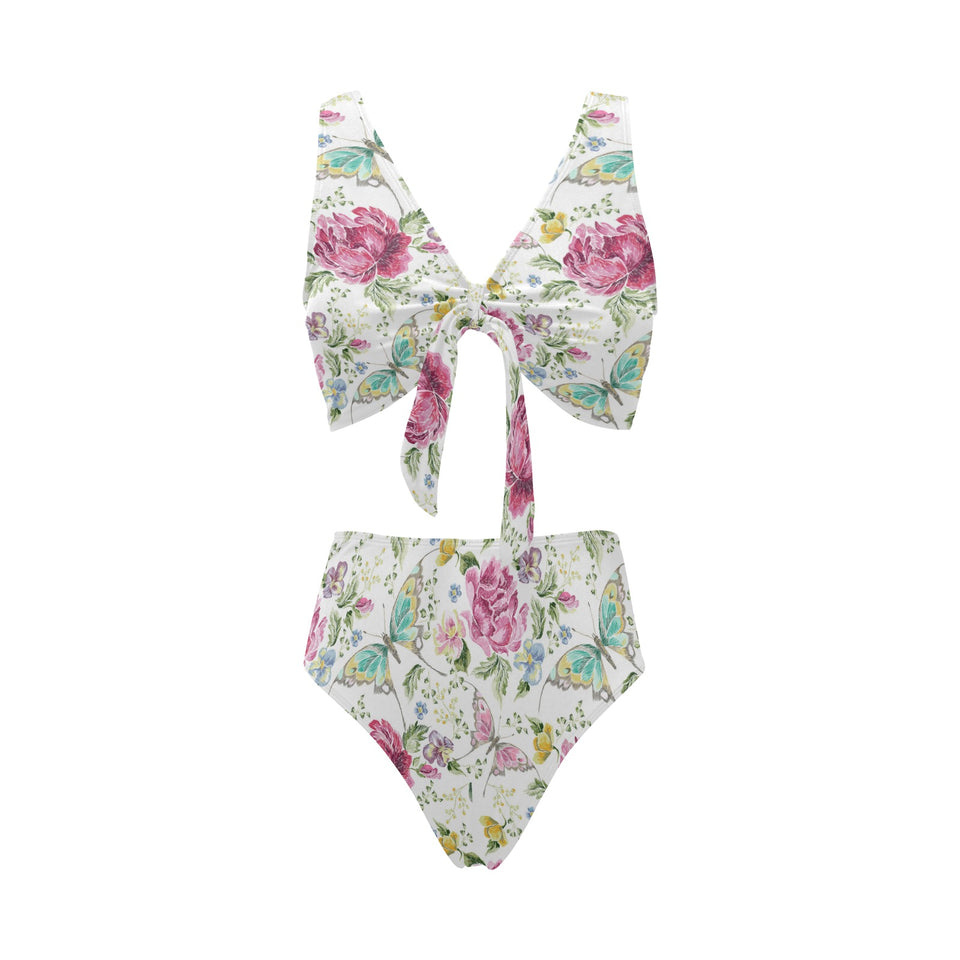 Hand drawn butterfly rose Chest Bowknot High Waisted Bikini Swimsuit