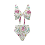 Hand drawn butterfly rose Chest Bowknot High Waisted Bikini Swimsuit