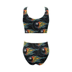 Bowling balls flame pattern Chest Bowknot High Waisted Bikini Swimsuit