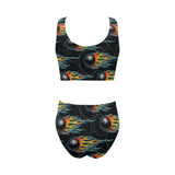 Bowling balls flame pattern Chest Bowknot High Waisted Bikini Swimsuit