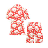 Cute Maneki neko cat red background Men's V-Neck Short Pajama Set