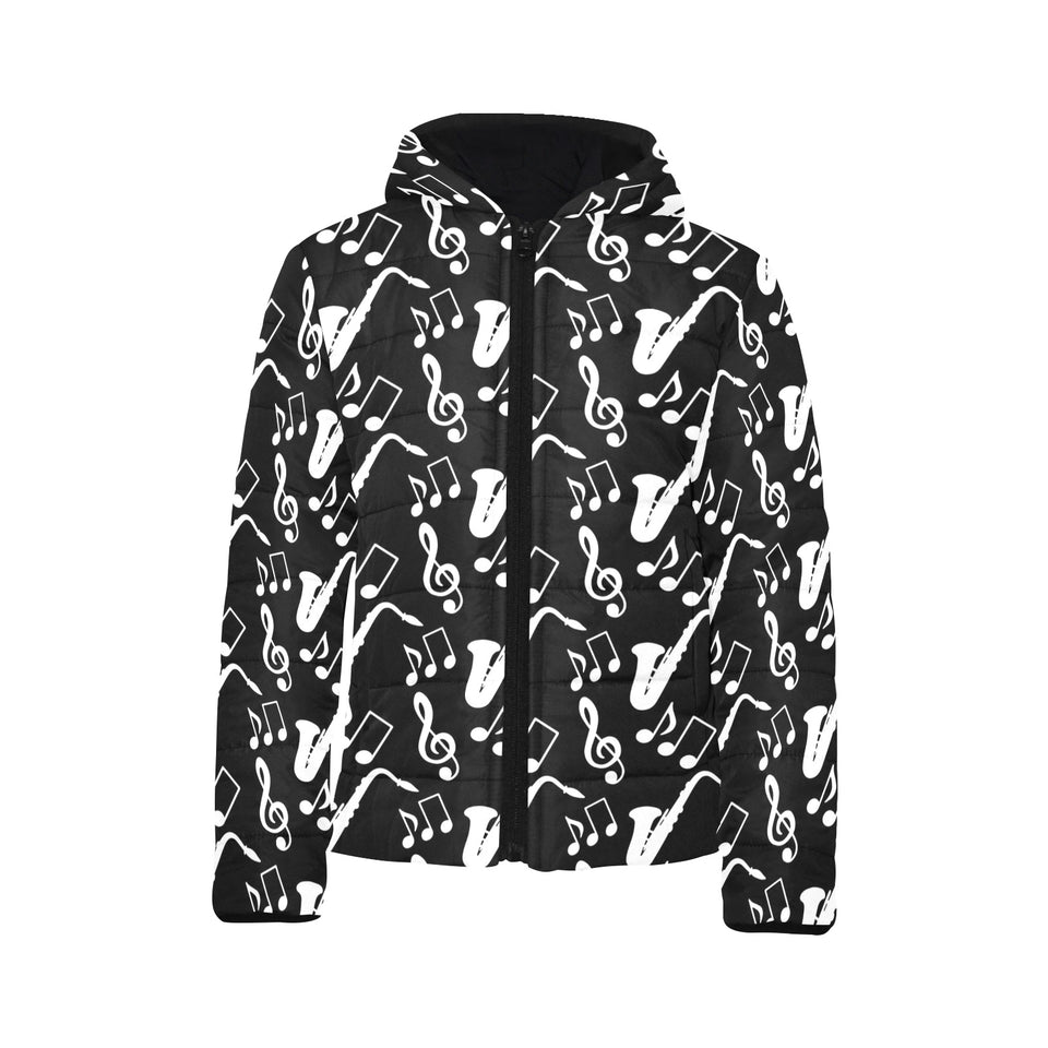 Saxophone music notes treble clef black white them Kids' Boys' Girls' Padded Hooded Jacket