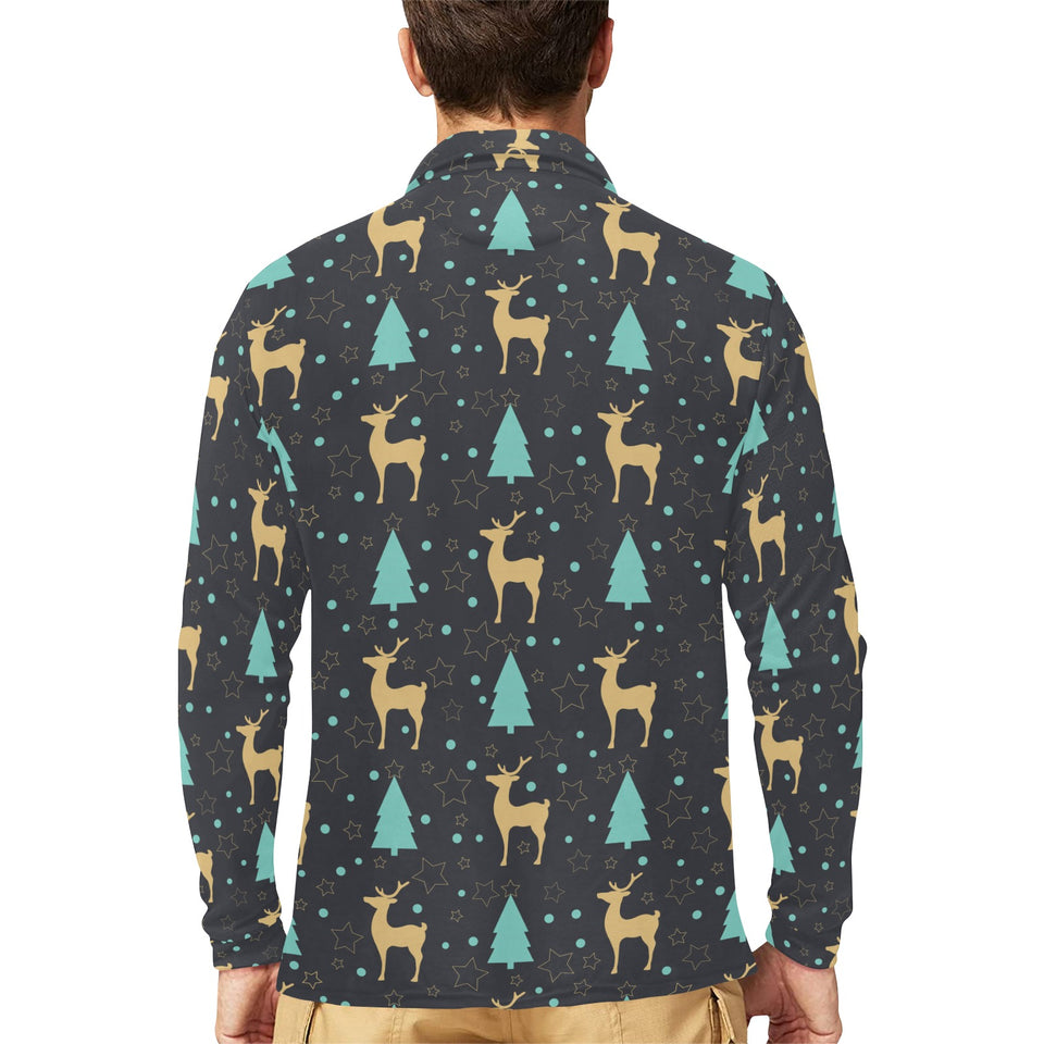 Deers star tree pattern Men's Long Sleeve Polo Shirt