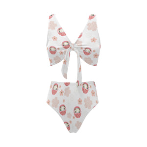 Daruma japanese wooden doll cherry blossom flower Chest Bowknot High Waisted Bikini Swimsuit