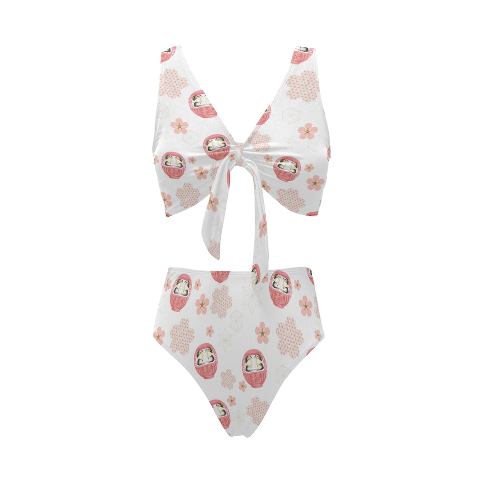 Daruma japanese wooden doll cherry blossom flower Chest Bowknot High Waisted Bikini Swimsuit
