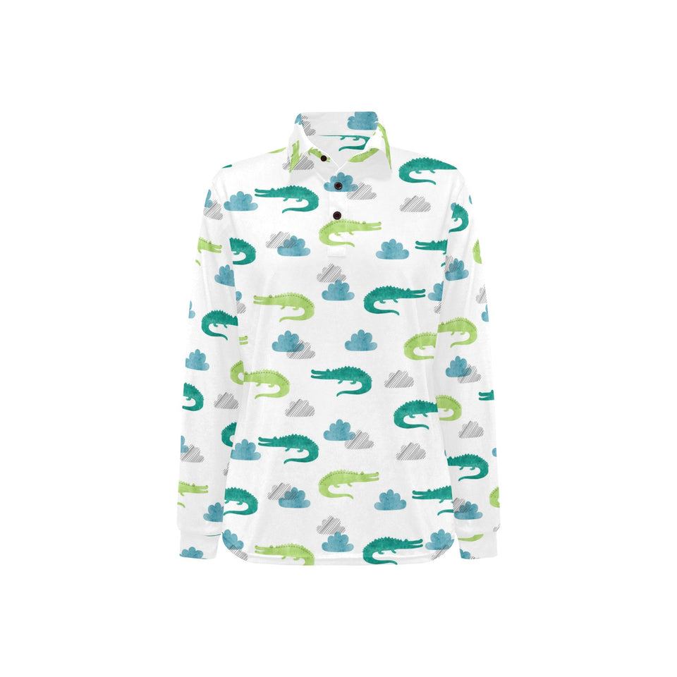 watercolor crocodile pattern Women's Long Sleeve Polo Shirt