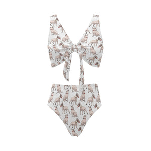 Bull Terrier Pattern Print Design 04 Chest Bowknot High Waisted Bikini Swimsuit