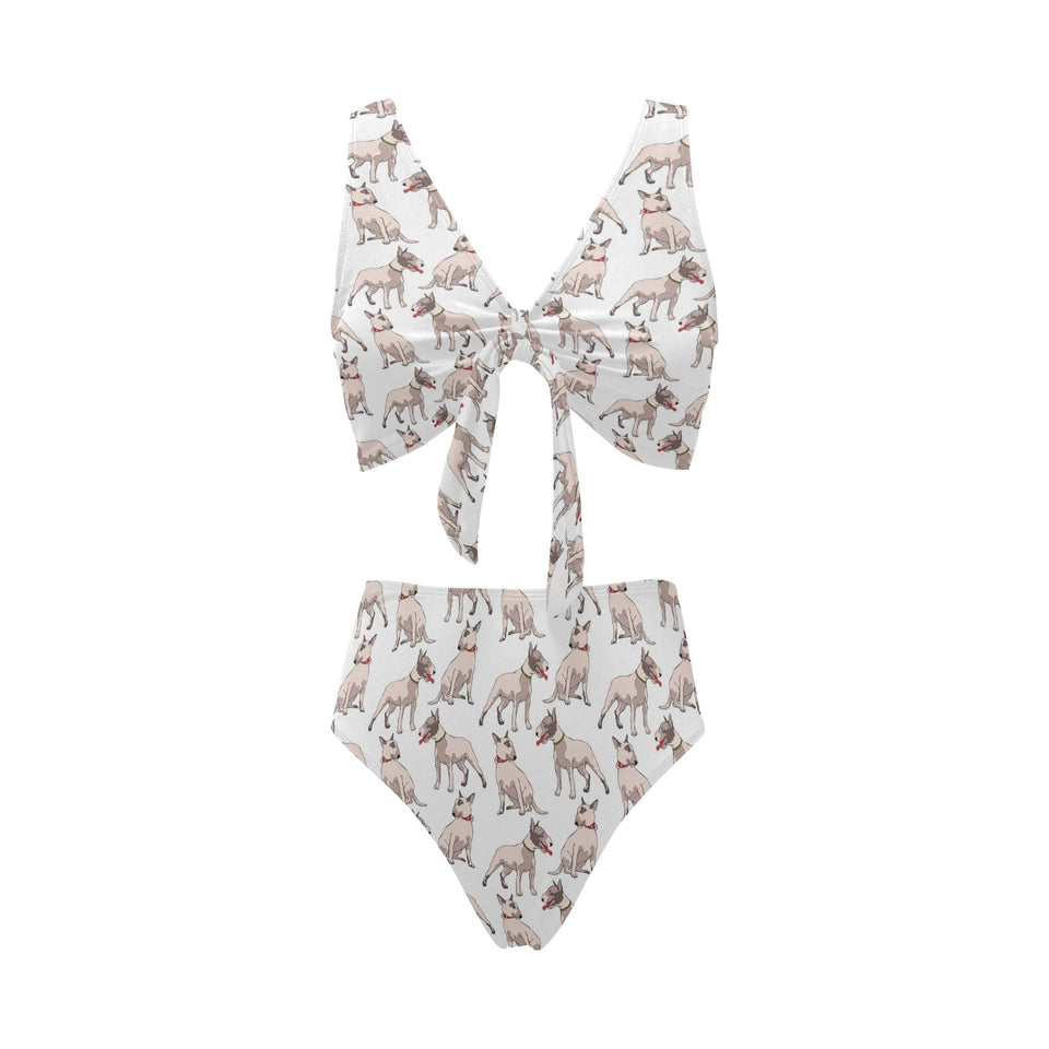 Bull Terrier Pattern Print Design 04 Chest Bowknot High Waisted Bikini Swimsuit