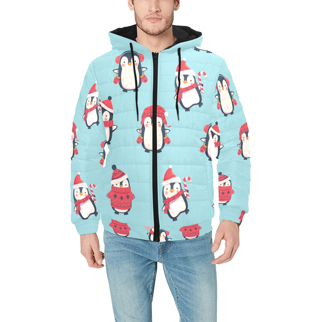 Cute penguin christmas design pattern Men's Padded Hooded Jacket